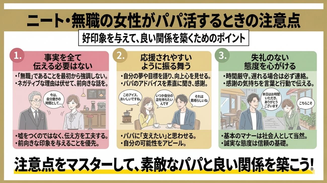 ニート・無職の女性がパパ活するときの注意点